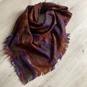 Authentic FENDI scarf wrap blanket fringe plaid logo oversized luxury purple‎
